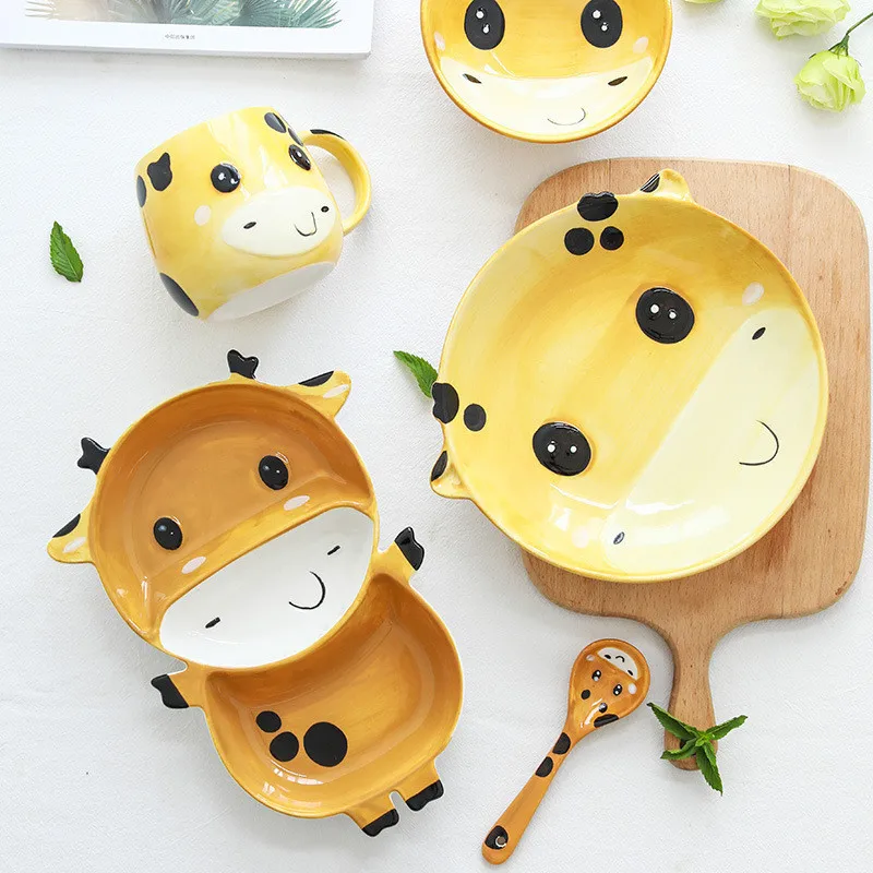 Cute Ceramica Plates Glazed Creative Hand Painted Bowl Spoon Set Breakfast Steak Children's Fruit Plate Animal Dish Cutlery