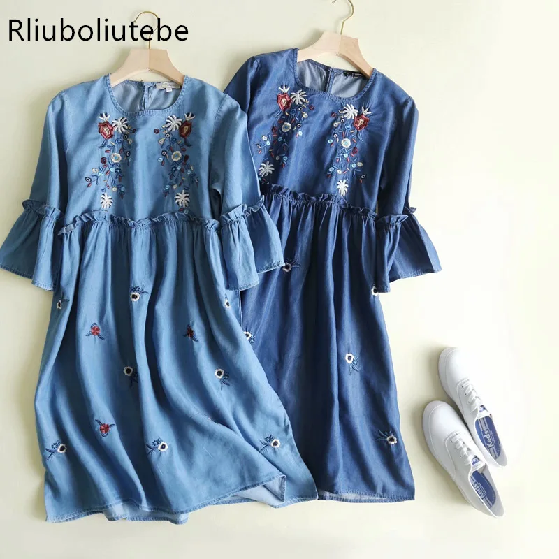 

High Waist Ruffles Soft Jeans Mini Dress Women Frills O Neck Butterfly Sleeve Summer Embroidery Short Denim Dress Blue 2019 New