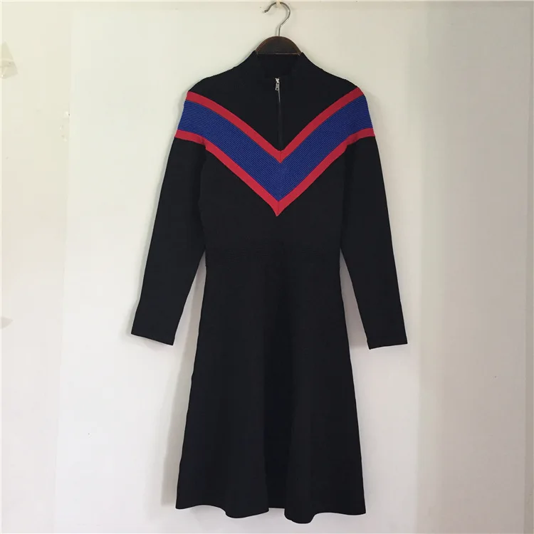 Spring Vintage Black Striped Sweater Dress Women Runway Elegnat Long Sleeve Zipper Stand Neck Party Knitted