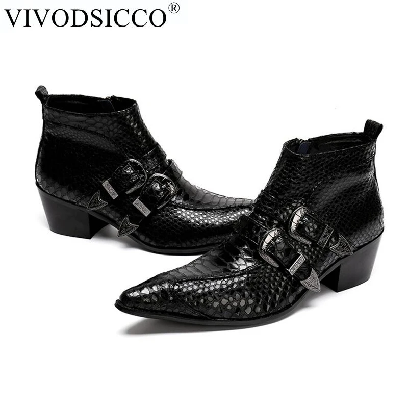 VIVODSICCO/модные мужские ботильоны из натуральной кожи, двойная декоративная застёжка, официальная модельная обувь, ботинки «Челси» с острым носком, ковбойские ботинки