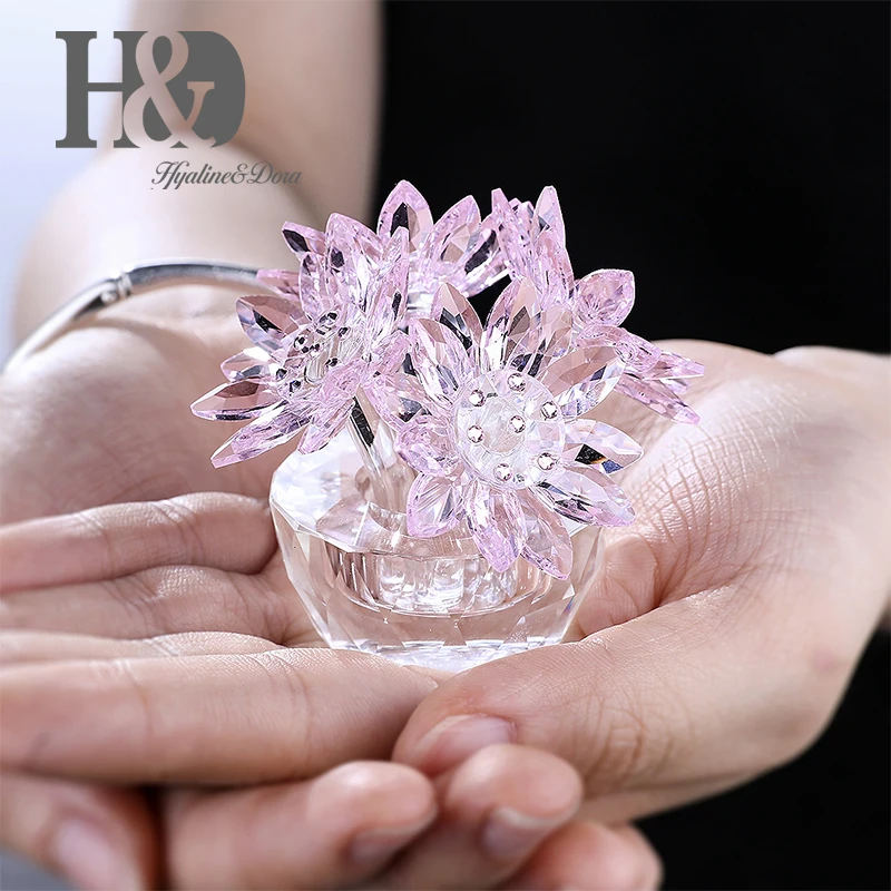 H&D Gift For Mother 2.6'' Crystal Lotus Flower Figurine Glass Fengshui Ornaments Paperweight with Gift Box Home Table Decoration