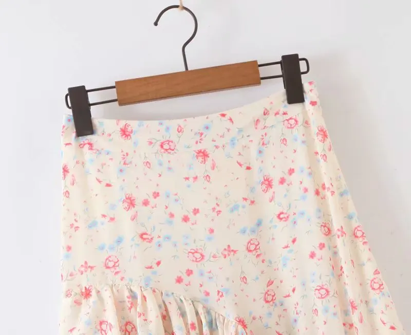 Patchwork Floral Print Holiday Boho Skirt Women Layered Ruffle Asymmetric Cake Skirt Elegant Lady High Waist Summer Skirt