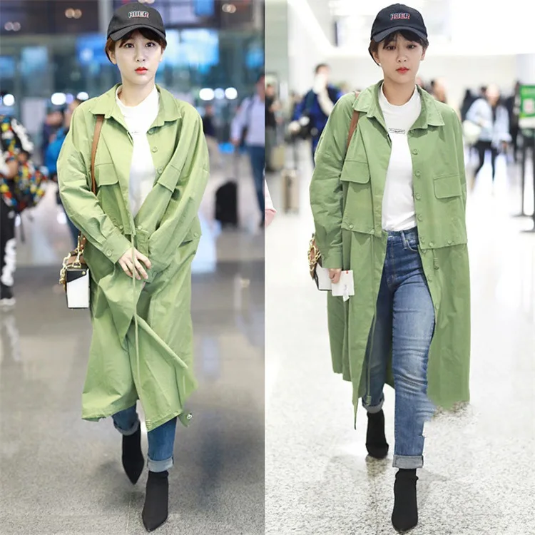 The Same Green Stitching Lapel Two Removable Long Medium Windbreaker Jackets BF Former Women College 2019 Long Coat Woman The Same Green Stitching Lapel Two Removable Long Medium Windbreaker Jackets BF Former Women College 2019 Long Coat Woman