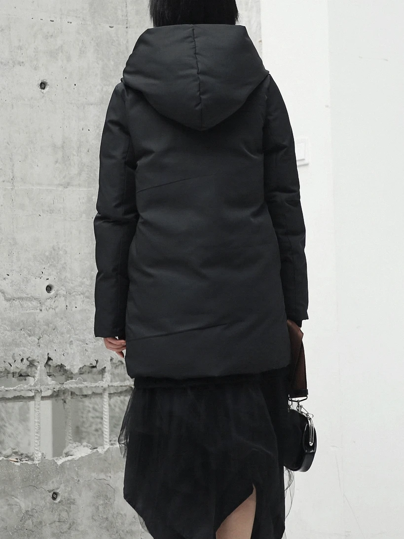 Parka Design Chaud Lâche À D'hiver Cakucool Noir Longue Manteaux Mince Minimaliste Femmle Veste Outwear Capuchon Mi Coton Rembourré Dentelle up qwtZU6