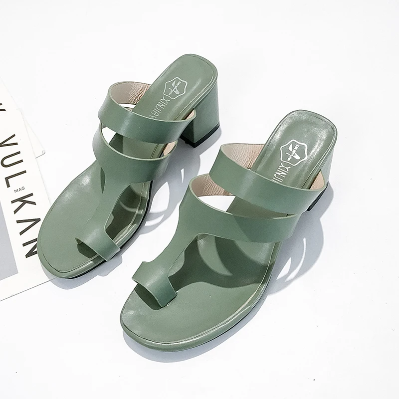 

2019 Summer Female High Heel Slippers Women Shoes Flip Flops 6.5cm Thick Heel Sandals Open Toe Party Shoes Woman Green Beige