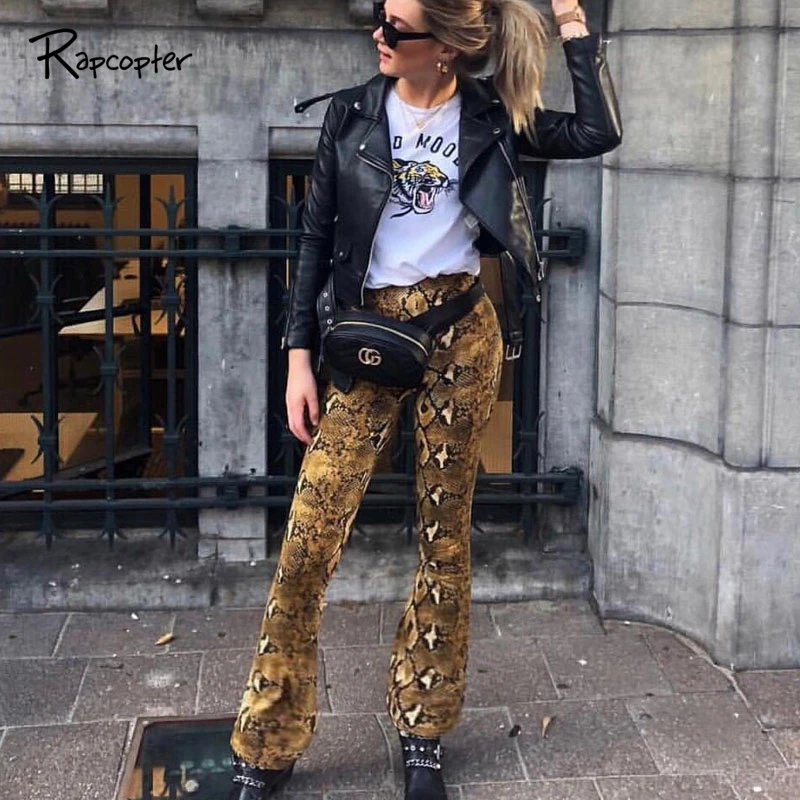 

Rapcopter Womens Autumn Snake Flare Pants Skinny Elastic Waist Full Length Pant Fashion Moden Streetwaer Female High Waist Pants