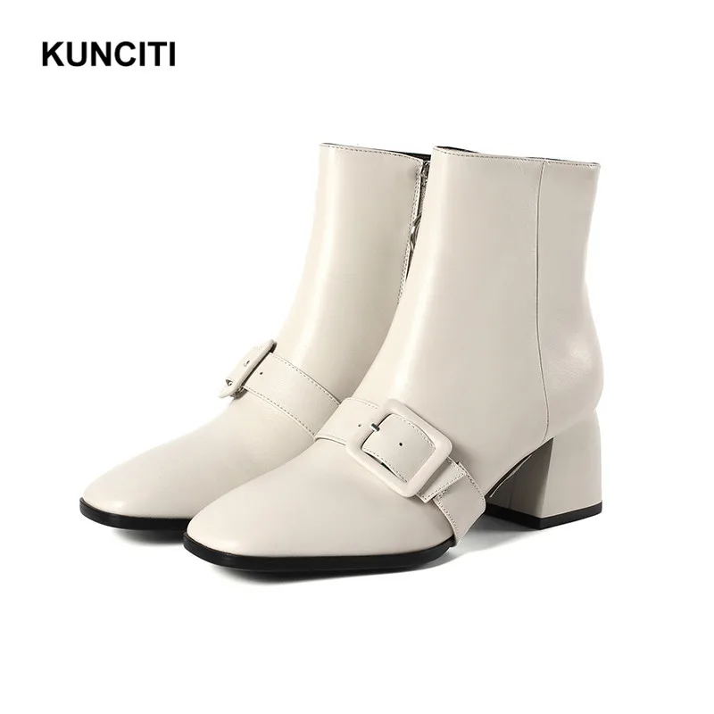 

2019 KUNCITI Plus Size 34-43 Martin Boots Women Cowboy Boots Square Toe Ladies Buckle Ornated Fashion Themost Booties Shoes D201