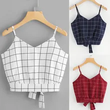 Женский жилет женский с галстуком сзади v-образный вырез плед короткий топик на бретельках Топ Camisole Blusa летняя повседневная женская футболка белые майки