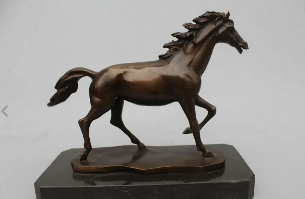 

10"Chinese Folk Copper Bronze Marble Lucky Horse War Horse Broncos Statue