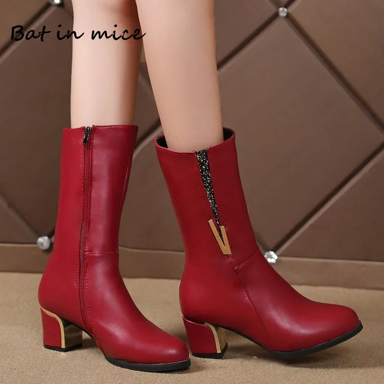 

New Winter women casual PU Leather Mid-Calf boots shoes women Warm Round Toe Zipper high heels pumps Snow Boots shoes mujer W388