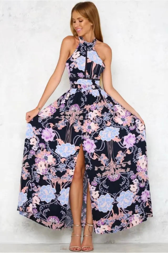 Vintage Robe Noir New Longue Dos Sans Maxi Printemps 2018 Impression Élégant Nu Femmes Style Slim Halter Robes Boho De Manches YwgqgtH