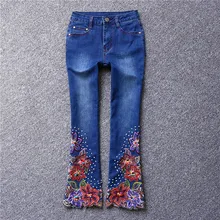 Европейский Ранняя весна г. Новая мода опрятный Вышивка Цветочные микро брюки, джинсы с яркой отделкой бисер ноги джинсы для женщин