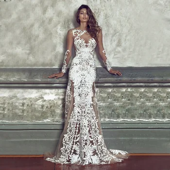 

Long Sleeve Lace Mermaid Wedding Floor-length Party Dress 2020 Simple Elegant Wedding Gowns For Bride Dress Boda Robe De Mariee