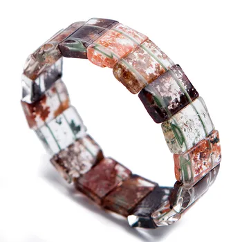 

Genuine Natural Colorful Phantom Quartz Gemstone Crystal Rectangle Bead Stretch Bracelet Women Female