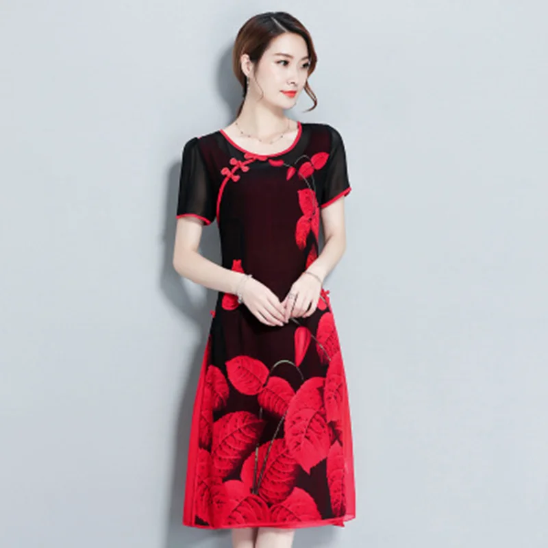 

Large size L-5XL2018 Summer New Slim Chiffon Improved Low collar cheongsam dress High quality Fashion Elegant Ladies Dress