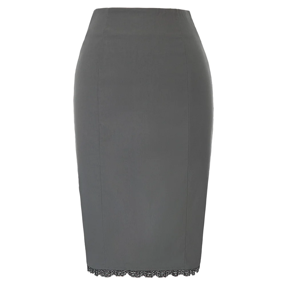 

BP office busines Women skirt Vintage chic Lace Trim Stretch Hips wrap Bodycon Pencil solid Skirt Black Grey ropa faldas mujer