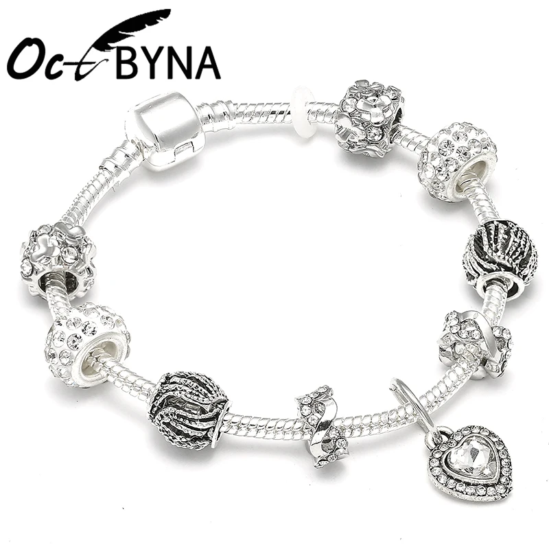 Octbyna классические серебряные подвески бусины браслет цепочка и браслет с черным сердцем Шарм бренд браслет для женщин ювелирные изделия подарок