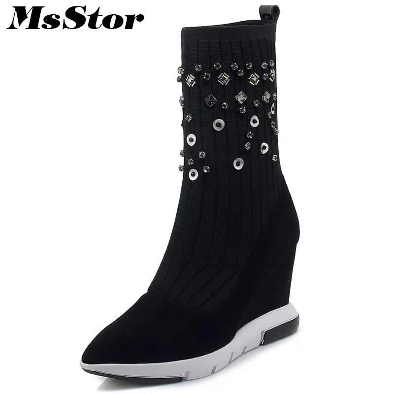 

Msstor Women Boots 2018 Fashion Knitting Ankle Boots Women Shoes Pointed Toe Wedges Boots For Girl Flat Heel Boot Shoes Woman
