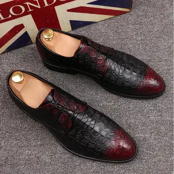 

2019 Spring Autumn Men Black Derby Shoes Crocodile Print Genuine Leather Lace Up Male Dress Shoes For Office Wedding Party 3744