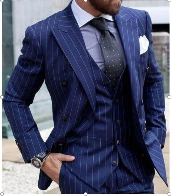 

Latest Coat Pant Designs Royal Blue Vertical Stripe Custom Tuxedo Skinny Men Suits 3 Pieces Blazer Terno suit Jacket+Vest+Pants