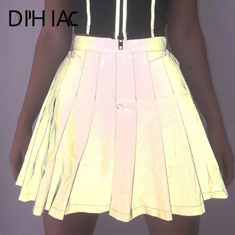 Светоотражающие сексуальные плиссированные юбки, уличная одежда, высокая талия, твердая молния, женские мини юбки,, весна-лето, юбки для женщин