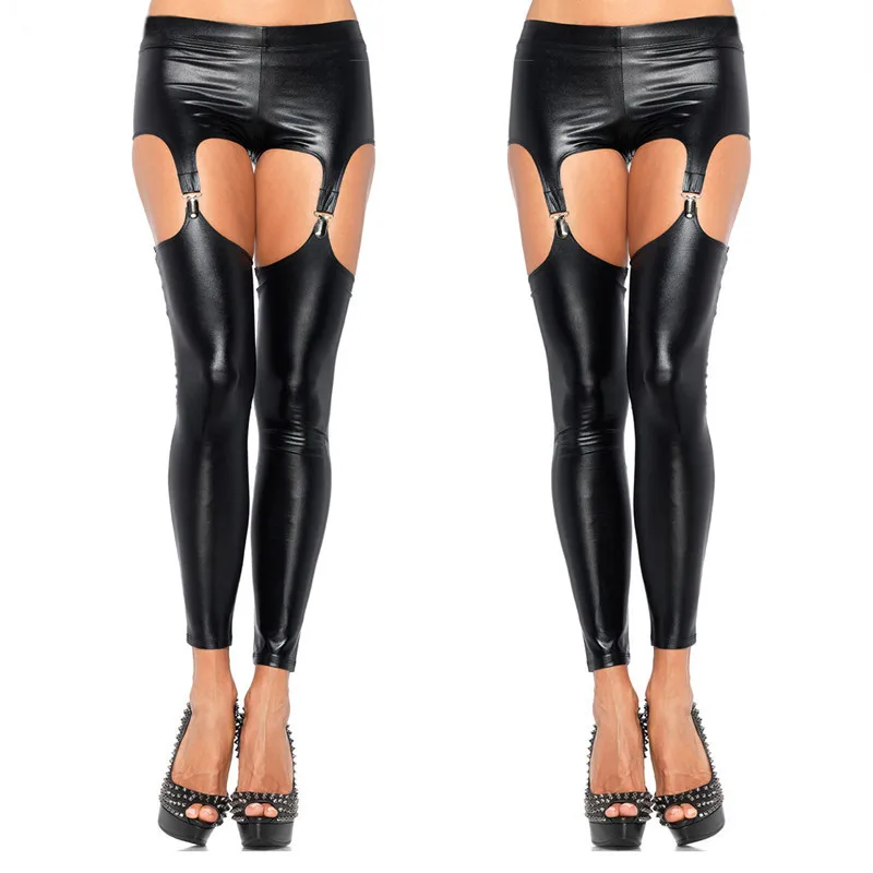 

2016 Sexy Shiny Punk Gothic Faux Leather Leggings Erotic Wet Look PVC Leggings Hollow Out Temptation Slim Latex Pants Trouser