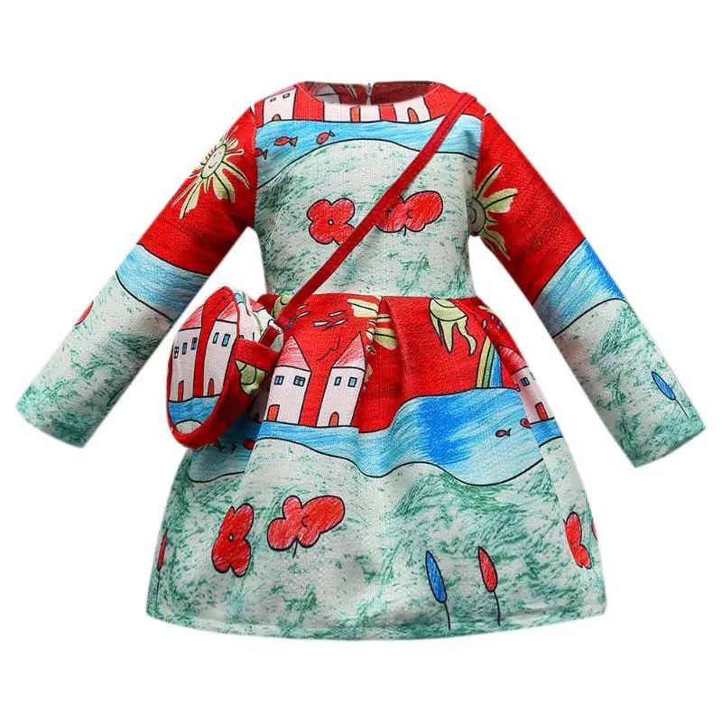 

Princess Girls Pleated Dress Long Sleeve Kids Doodle Floral Print with Bag