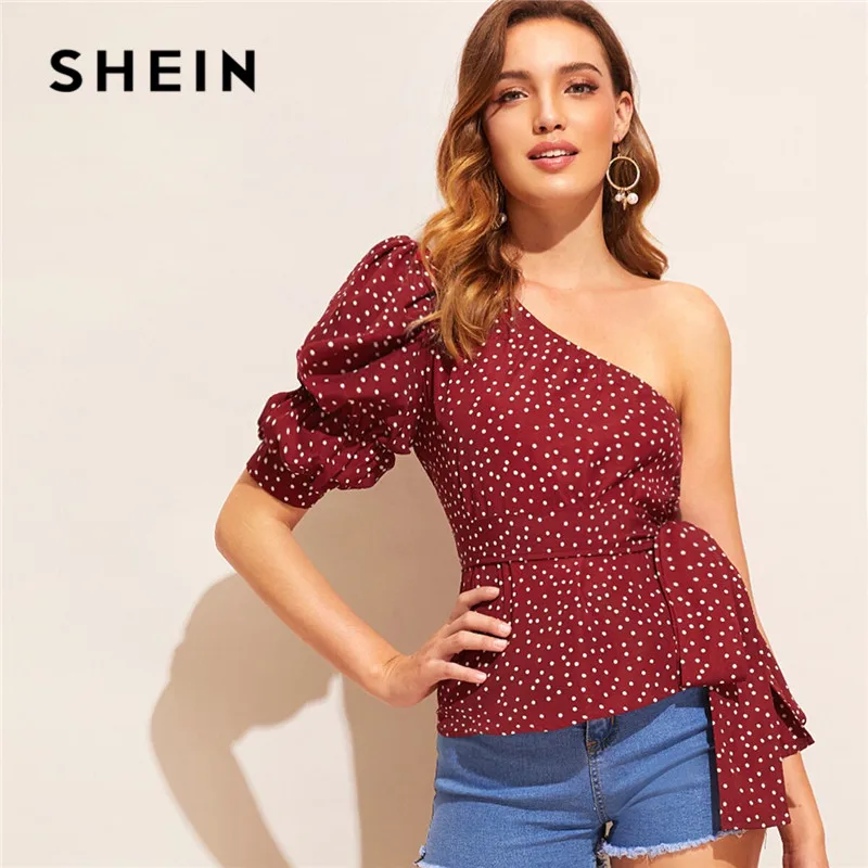 

SHEIN Burgundy Polka Dot Print One Shoulder Sexy Blouse Women 2019 Puff Sleeve Belted Summer Blouse Slim Fitted Ladies Tops