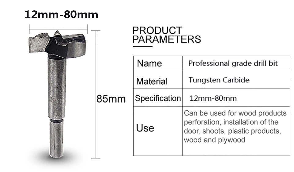 HUHAO 1pcs 12mm-80mm Forstner tips Woodworking tools Hole Saw Cutter Hinge Boring drill bits Round Shank Tungsten Carbide Cutter