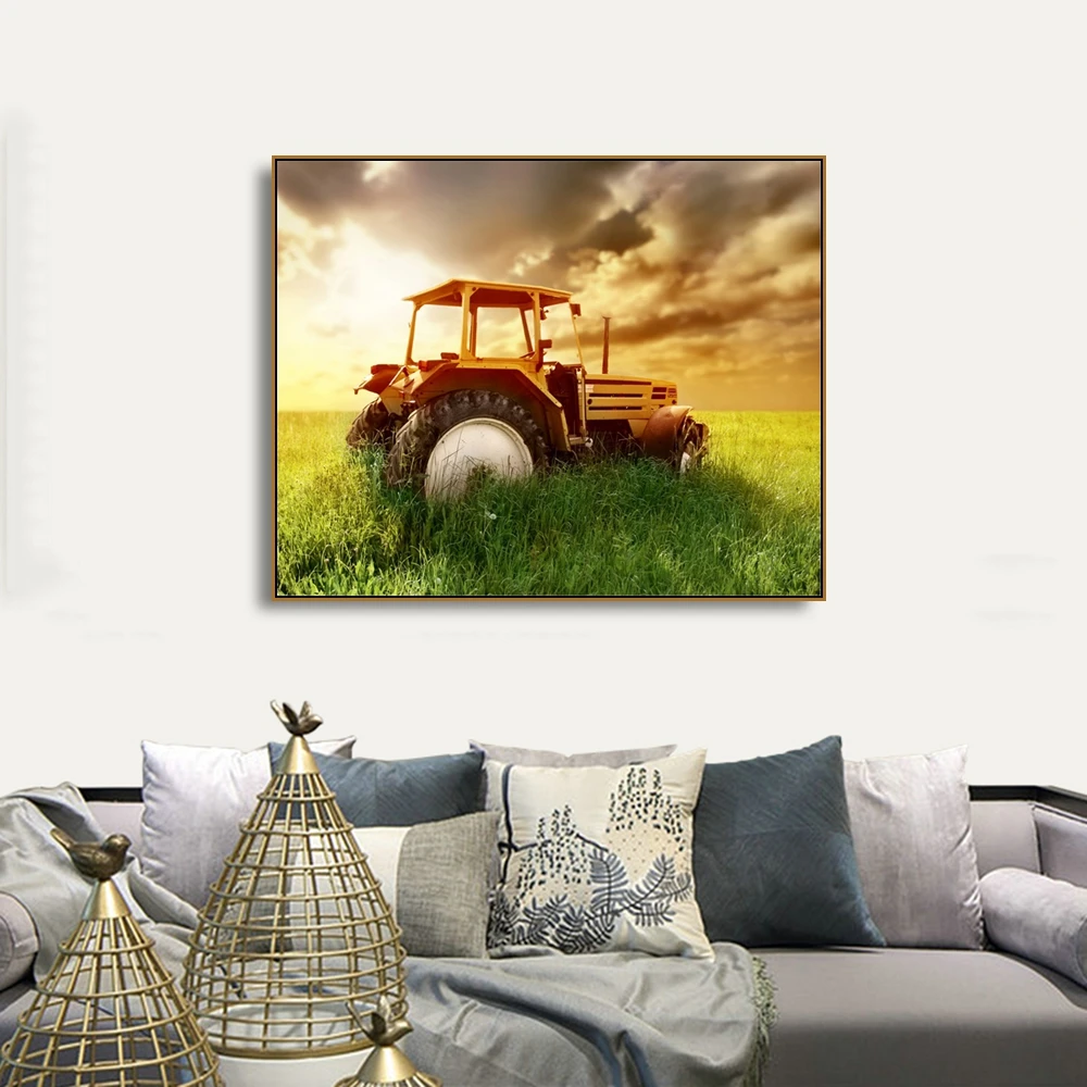 

Laeacco Farmland Tractor Posters Prints Sunrise Wall Art Canvas Calligraphy Painting Home Decoration Living Room Decor