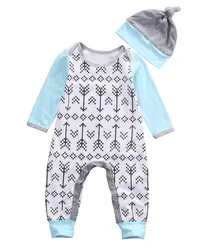 Комбинезон для девочек и новорожденных мальчиков 0-18 месяцев, комплект одежды, Длинные рукавные стрелы, мягкий хлопковый комбинезон шапка