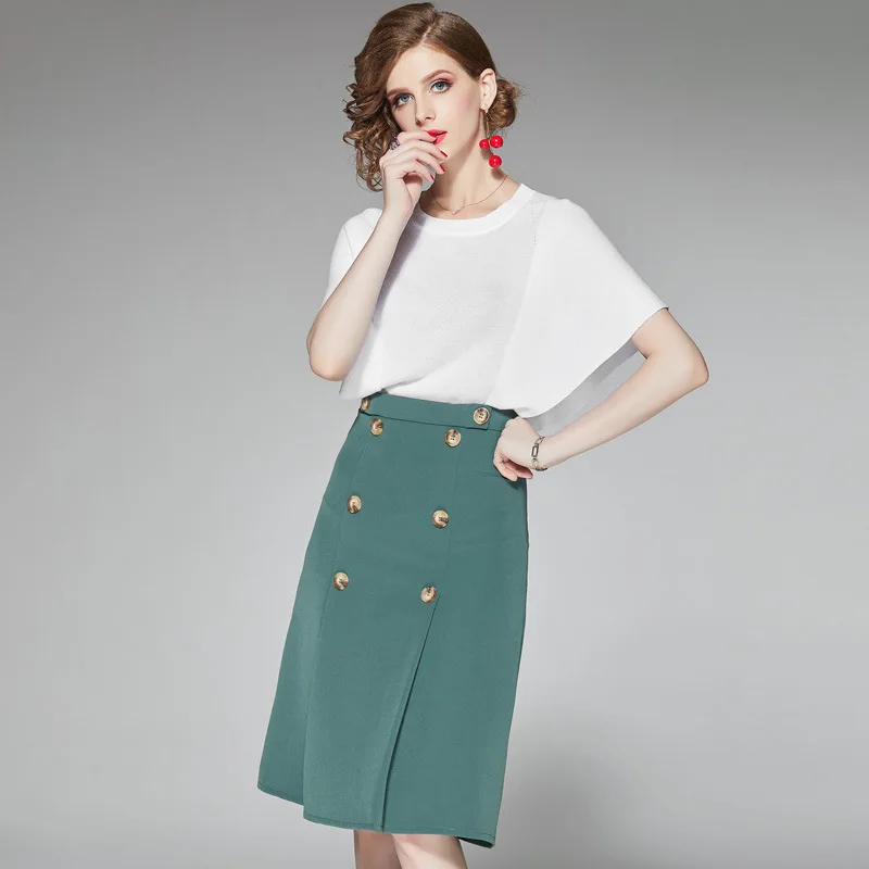 

Skirt Set Summer Women 2019 New Round Neck Batwing Sleeves Knitted T-Shirt + Empire Waist Double Breasted Skirt Two Piece Set
