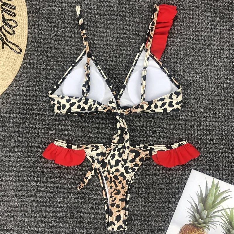 Сексуальный леопардовый бикини с 3D оборками, купальник для женщин, бразильский купальник, Женский комплект бикини из двух частей, бандо, купальник для женщин