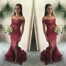 Новинка года! Сексуальное Бордовое платье для выпускного с блестками, с открытыми плечами, с разрезом по бокам, длинное вечернее платье, Vestidos de Gala Formatura