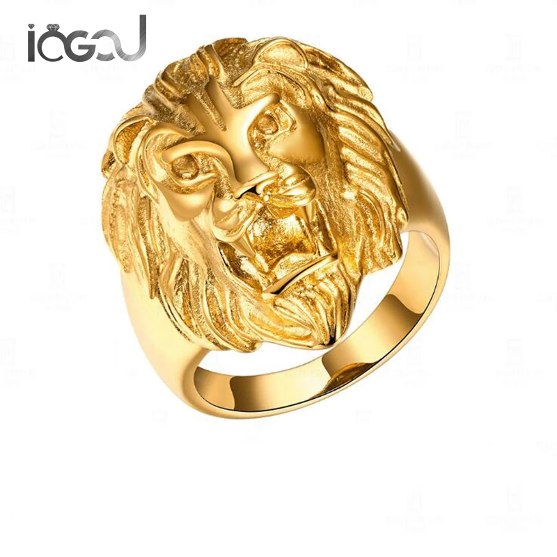 Best IOGOU Classic Stainless Steel Yellow Gold Color Men Rings Lion King Face Head Charm Punk Hip Hop Male Rings Party Jewelry Gifts