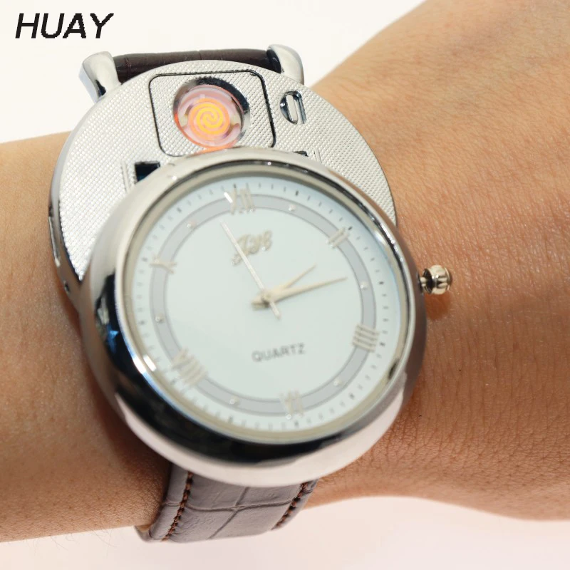 

2018 Quartz watch Men can be replace heating wire clock Flameless Cigarette Lighter USB charging leather Lighter Watches JH358