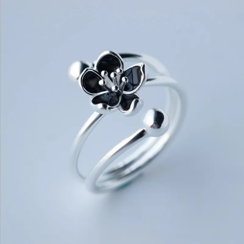 Vintage Mystic Floral 925 sterling silver Black Bud Flower Rings for Women Multi Layer Stacked Sterling