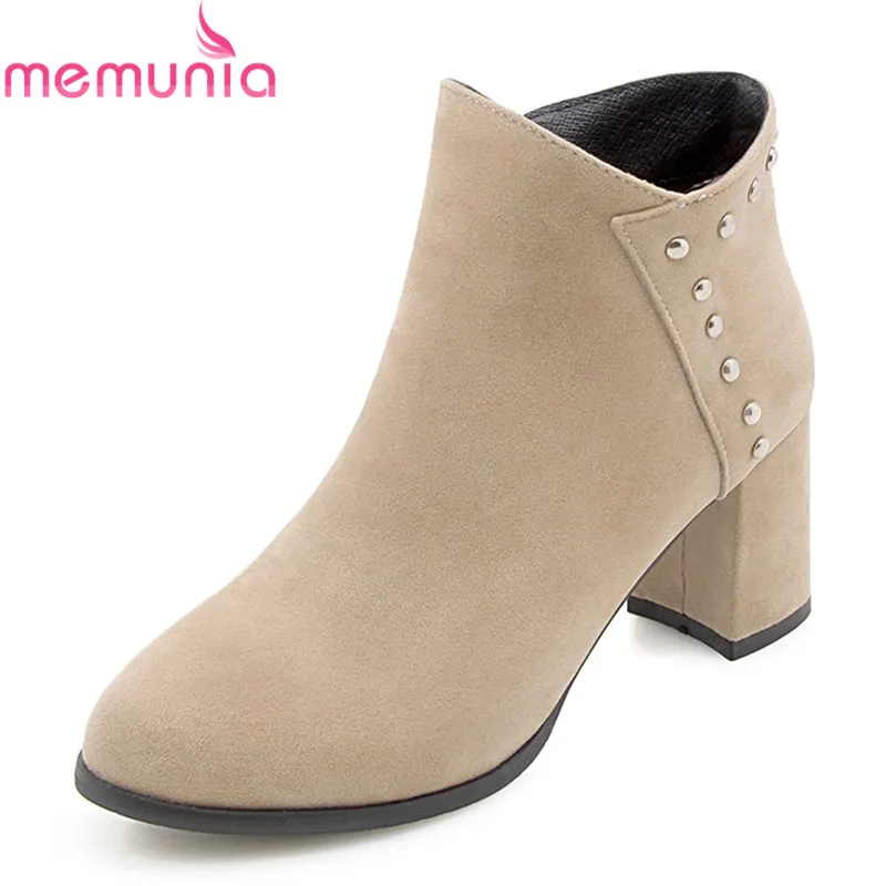 

MEMUNIA 2020 new arrival women brand boots round toe solid winter ankle boots zip flock 7cm high heels boots simple ladies shoes
