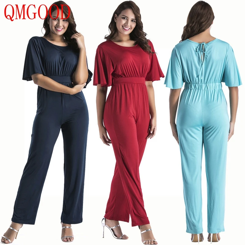

QMGOOD Women's Overalls Plus Size L-3XL Ladies Fashion Loose Jumpsuit Short Sleeve Summer Female Fat MM Casual Jumpsuit Large