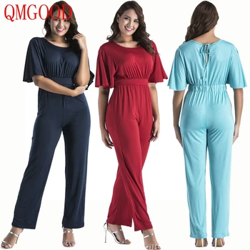 

QMGOOD Women's Overalls Plus Size L-3XL Ladies Fashion Loose Jumpsuit Short Sleeve Summer Female Fat MM Casual Jumpsuit Large