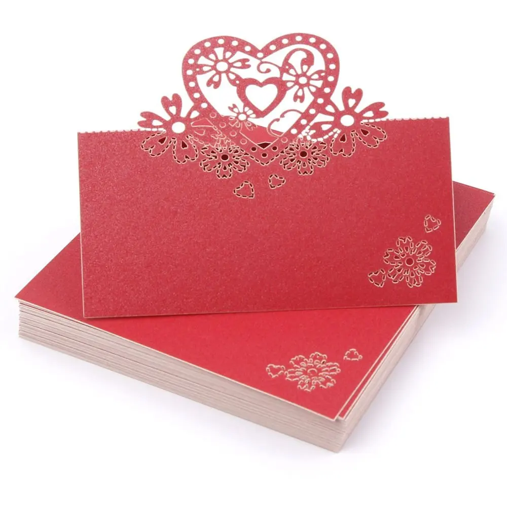 

METABLE 50 Pieces Hollow Love Heart Table Mark Place Name Cards for Wedding Party Decoration, RED