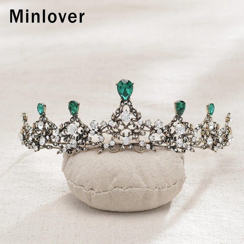 

Minlover Vintage Green Crystal Women Baroque Tiaras and Crowns King Crown Wedding Hair Accessories Bride Headbands Jewelry HG179