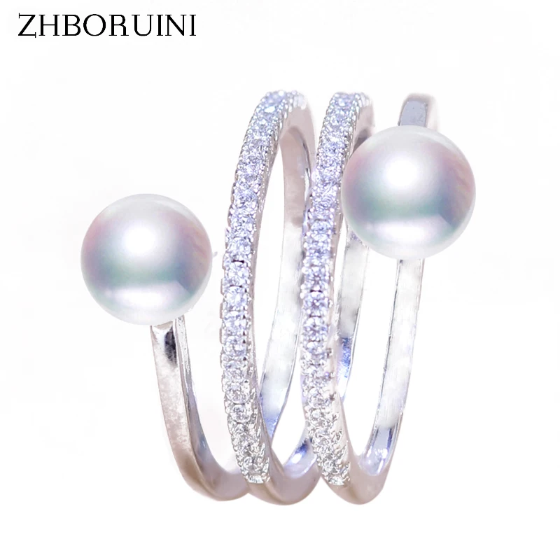 

ZHBORUINI 2018 Fashion Pearl Ring Jewelry Of Silver Multi Row Natural Freshwater Pearl Big Rings 925 Sterling Silver For Women