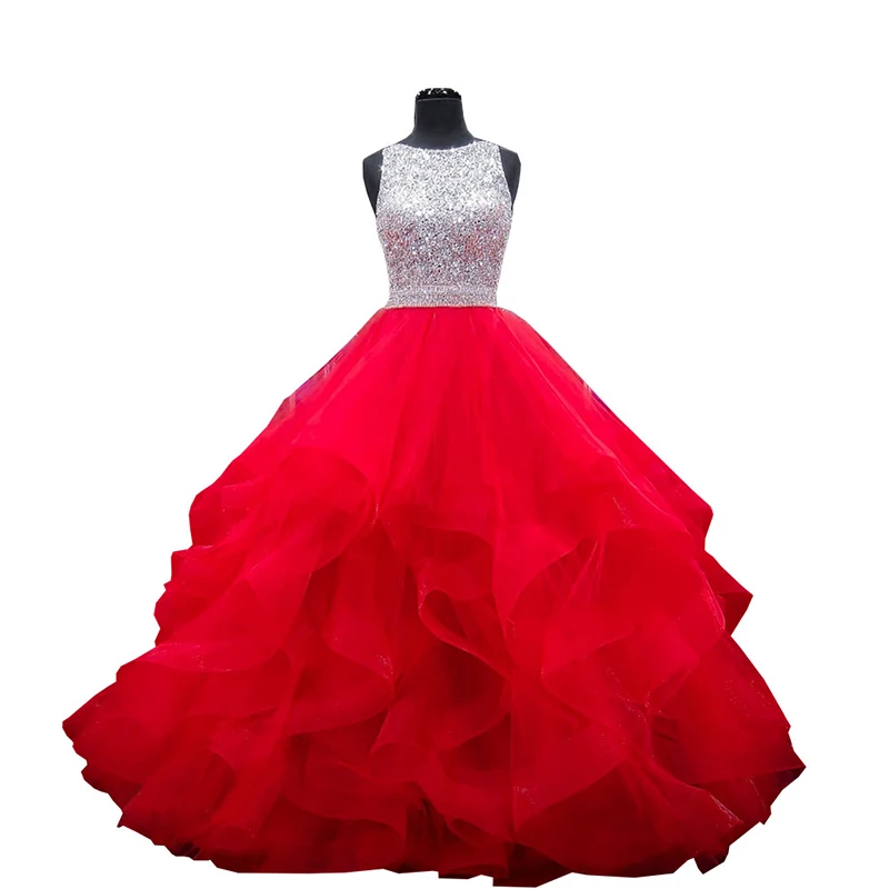 

Doragrace Real Photo Sleeveless Open Back Prom Dresses Sequins Ball Gown Prom Gowns Red Organza Ruffles Evening Party Dresses