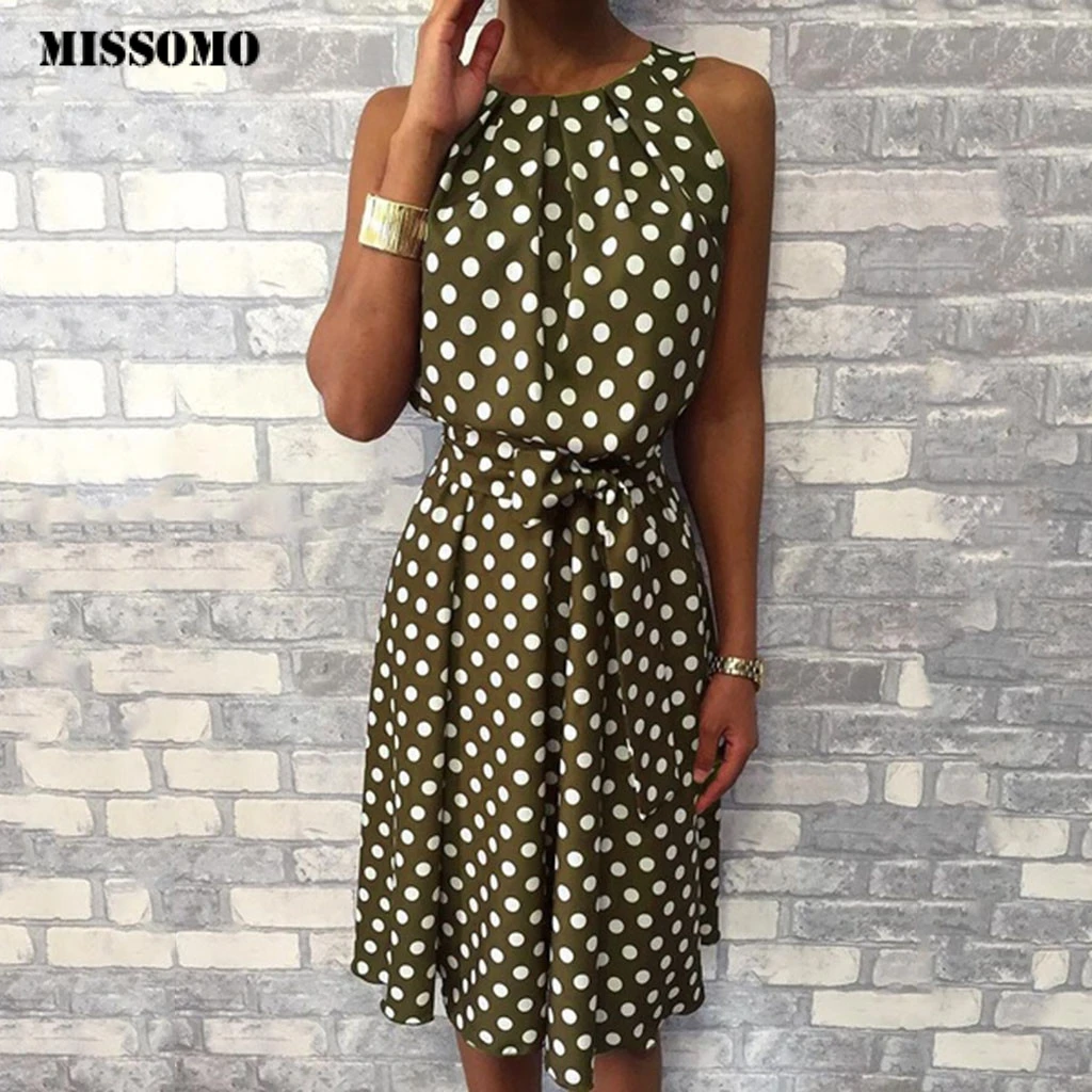 

MISSOMO Women Halter polka dot dress Sleeveless sexy Off Shoulder Knee-Length Dress Casual Loose summer dress women
