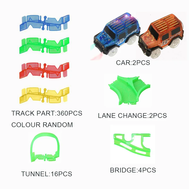 Железная дорога светящийся гибкий трек игрушечный автомобиль для детей гоночный скоростной трубный Трек светодиодный мигающий светильник DIY игрушечный электронный автомобиль - Цвет: 360 pcs with 2 car