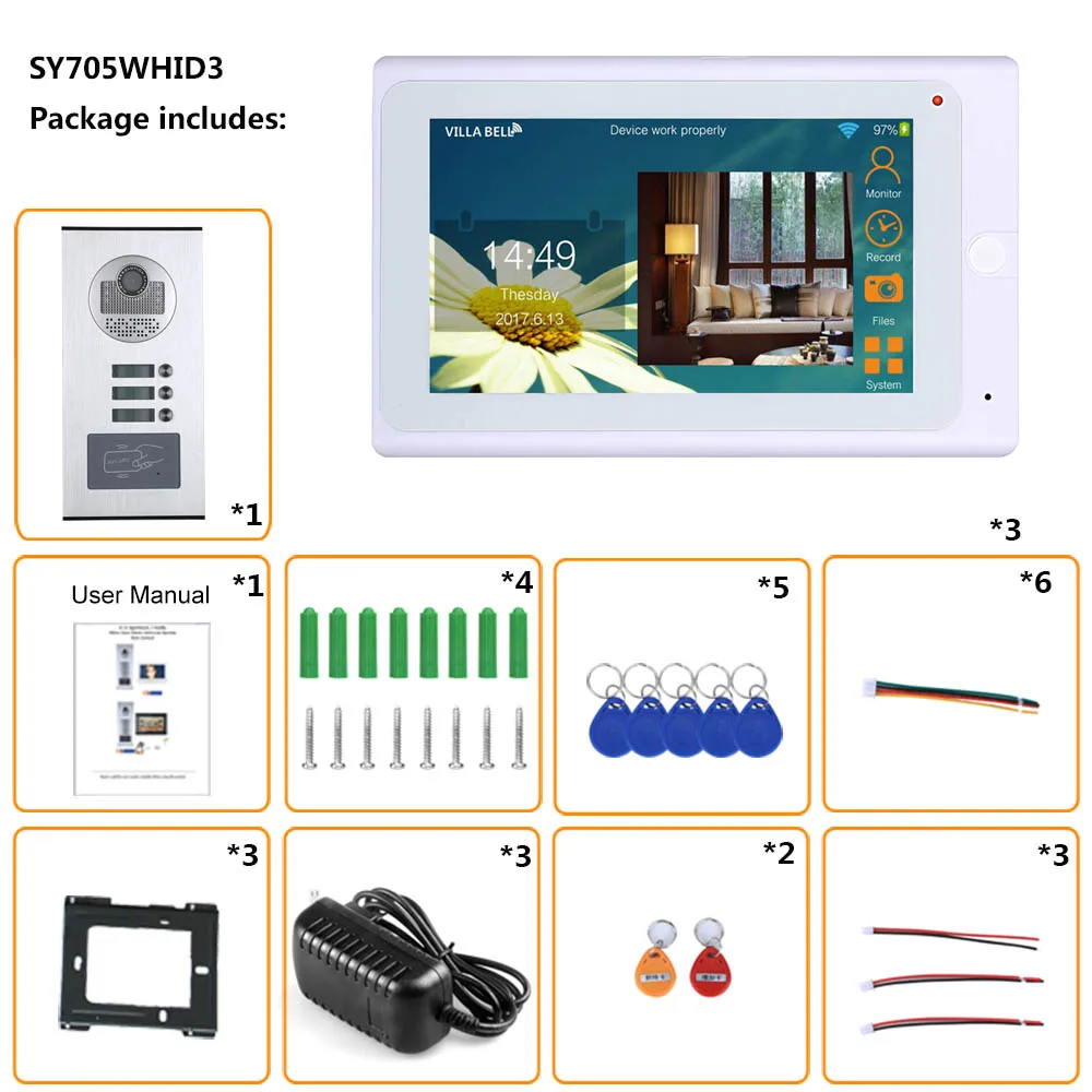 SmartYIBA 7 &quot3 единицы RFID проводной/Wi Fi приложение для квартиры домофон система