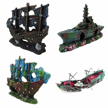 

Resin Artificial Aquarium Sunk Wreck Boat Decoration Fish Tank Damaged Ship Ornament Fish Shrimp Cave Stone Rock 4 Styles