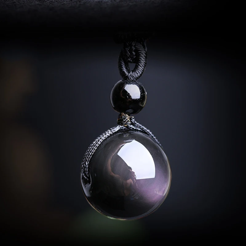 Qevila Natural Stone Pendant Necklaces for Women Men Black Obsidian Rainbow Eye Beads Ball Transfer Good Lucky Love Energy Stone (2)