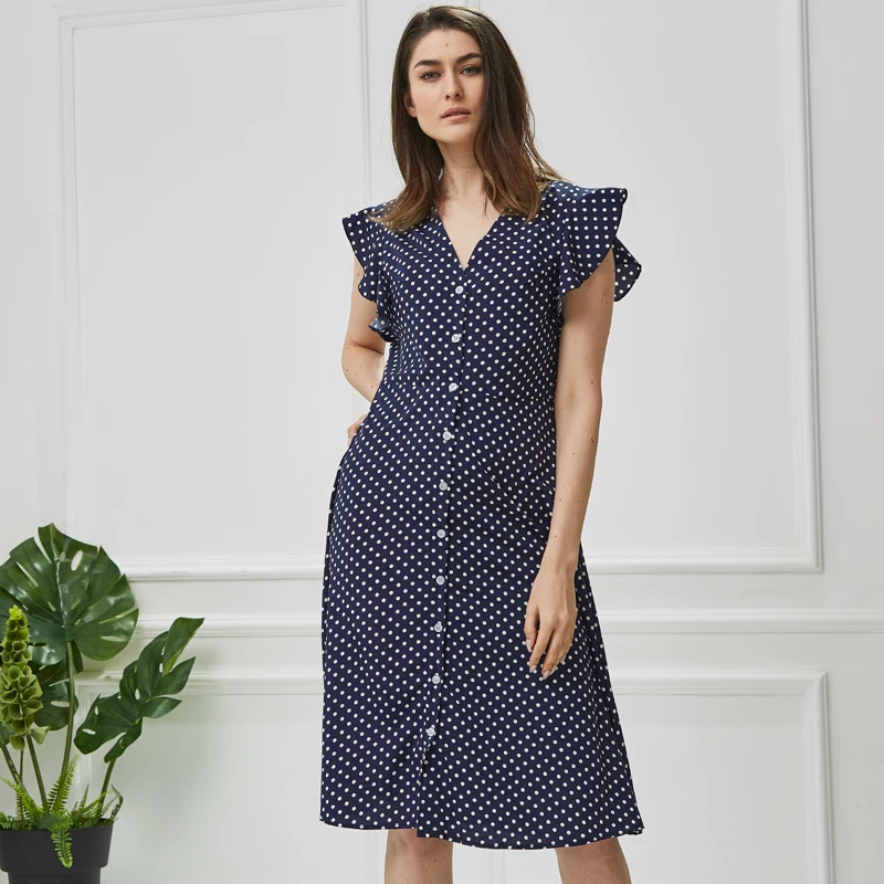 Günstig Tangada polka dot kleid für frauen büro midi kleid 80s 2019 vintage nette A line kleid rot blau rüsche hülse vestidos AON08